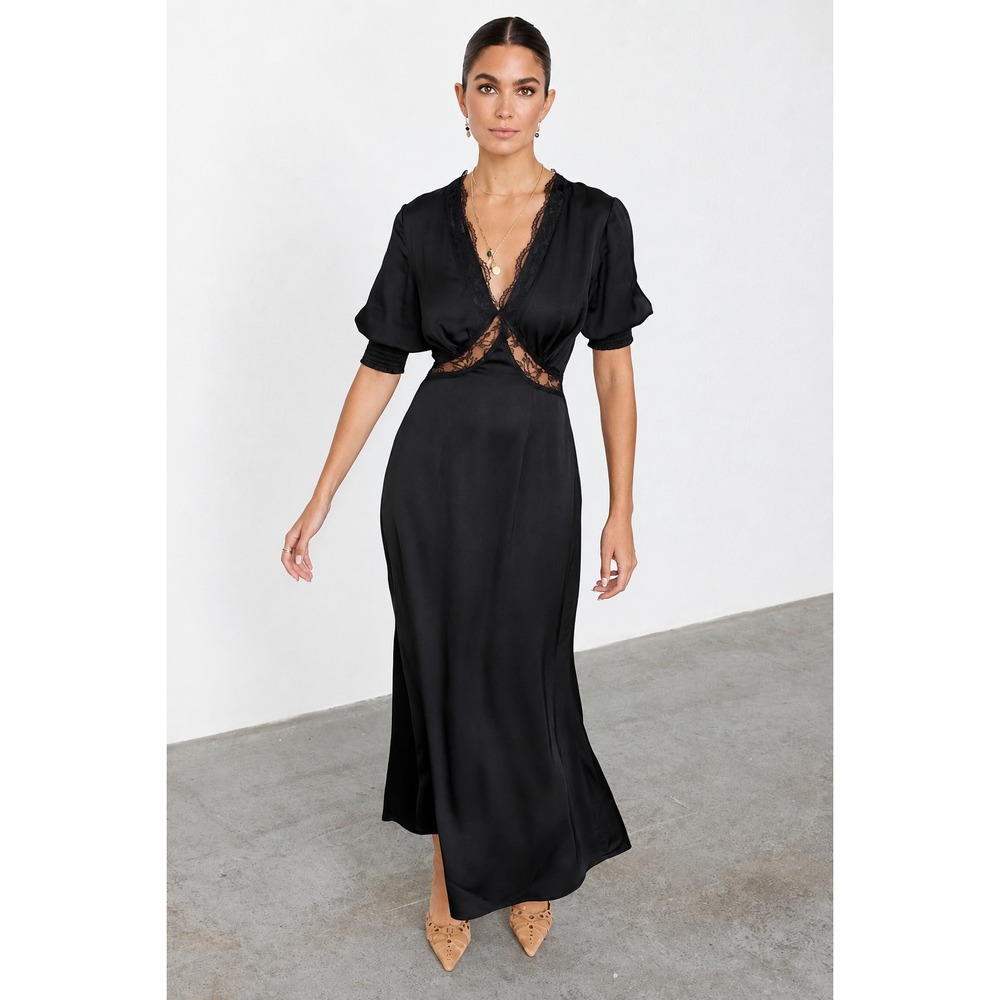 Never Fully Dressed Black Lace Maxi Dress NWT 2 Slip Satin Puff Sleeve Cocktail